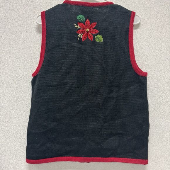 White Stag Christmas Sweater Vest Small 4/6  Black Poinsettia Zip Front VTG - Picture 4 of 4